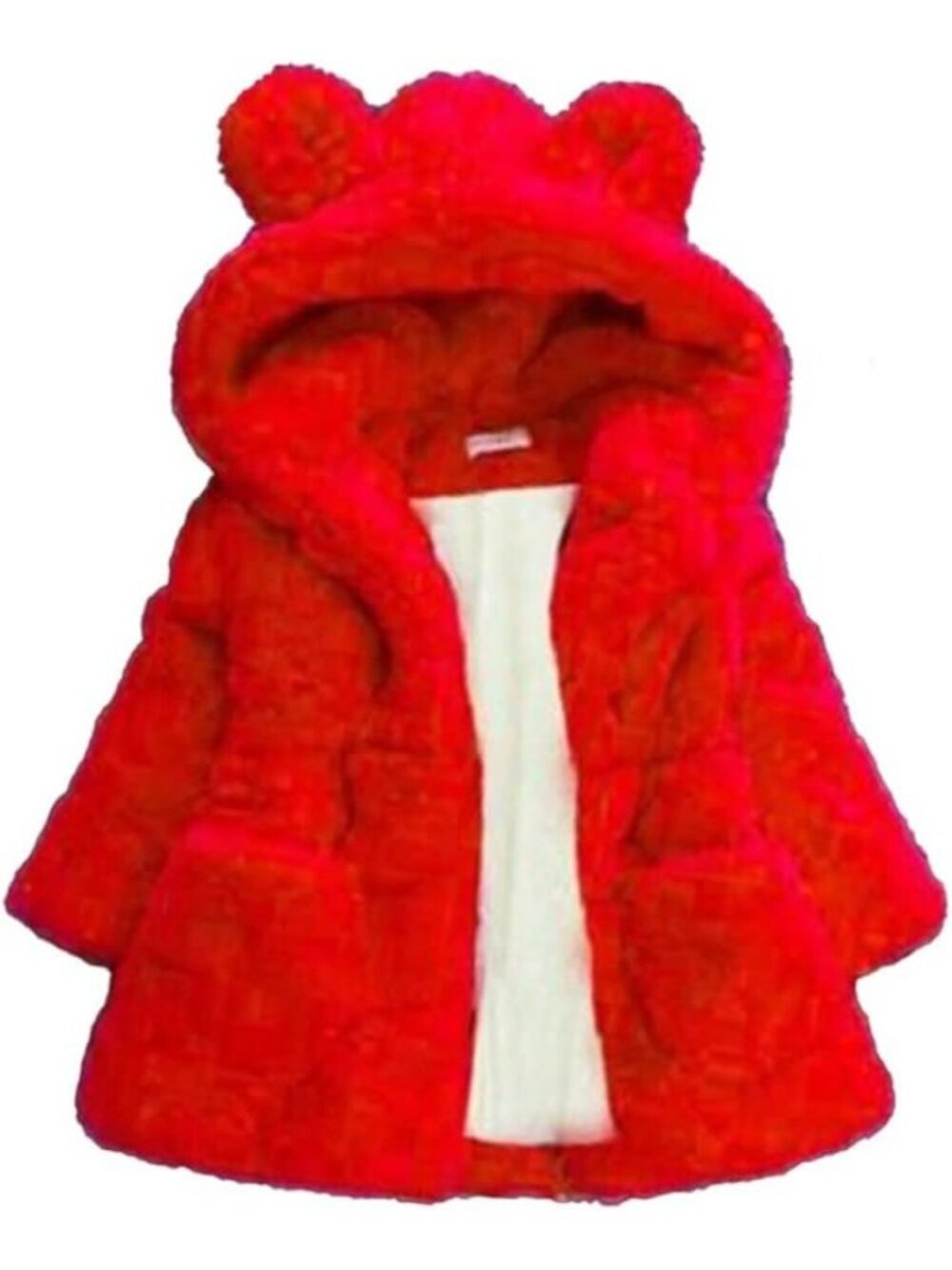 Kids Girls Red Polyester Winter Warm Outwear Ear Hooded Faux Fur Thicken Fleece